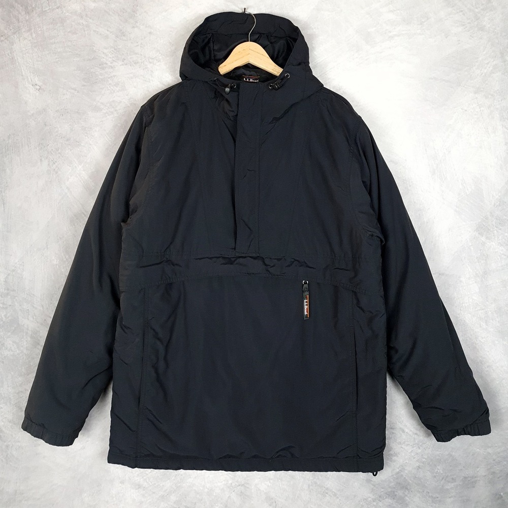 LL Bean Jacket Mens Medium Tall Black Nylon Anorak Hooded Pullover Insulated